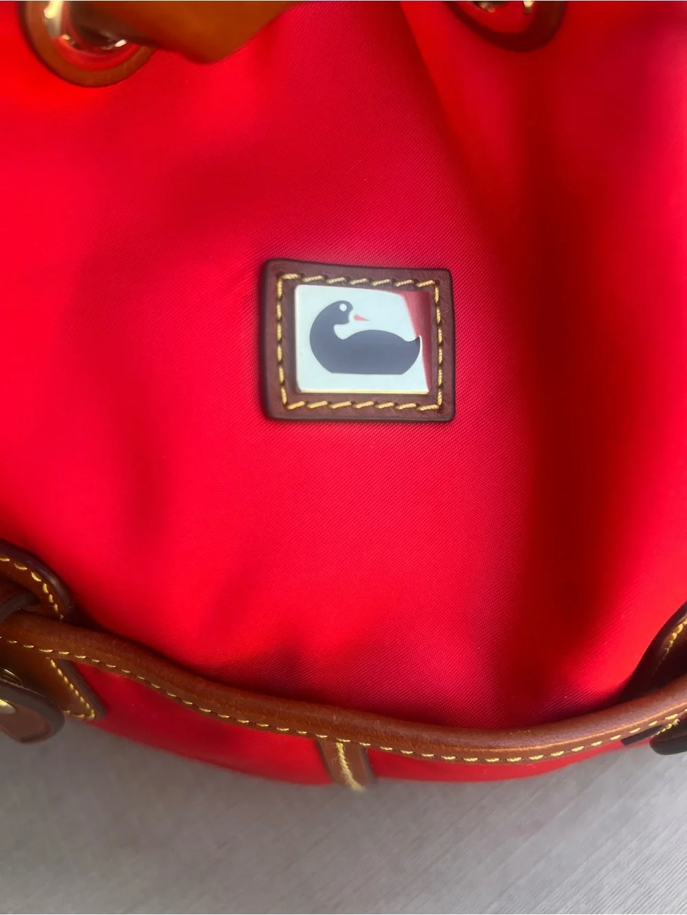 Dooney & Bourke Red Drawstring Hobo with Brown Trim